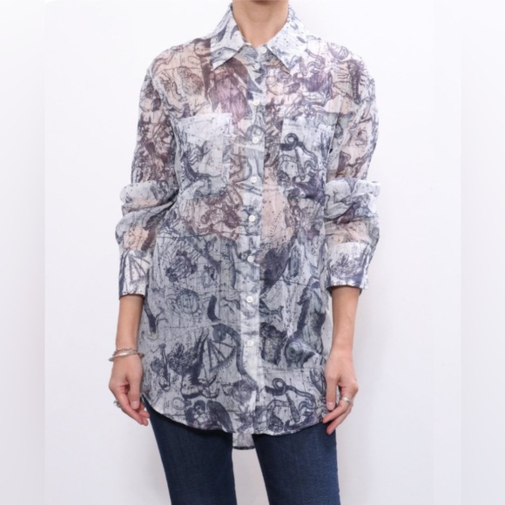 Raquel Allegra Size 1 • Silk Sheer Long Sleeve Blouse Blue Gray Work Shirt.